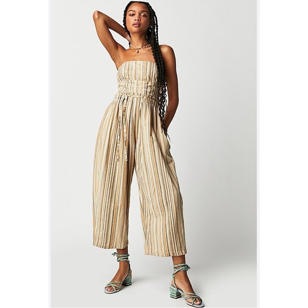 Free People Roaming Shores Strapless Boho Striped Wide Leg Crop Beach Jumpsuit